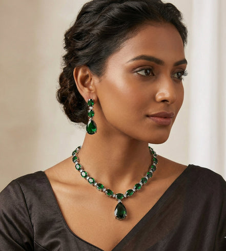 Rhodium Plated Emerald Green American Diamond Necklace Set with Teardrop Pendant & Matching Earrings