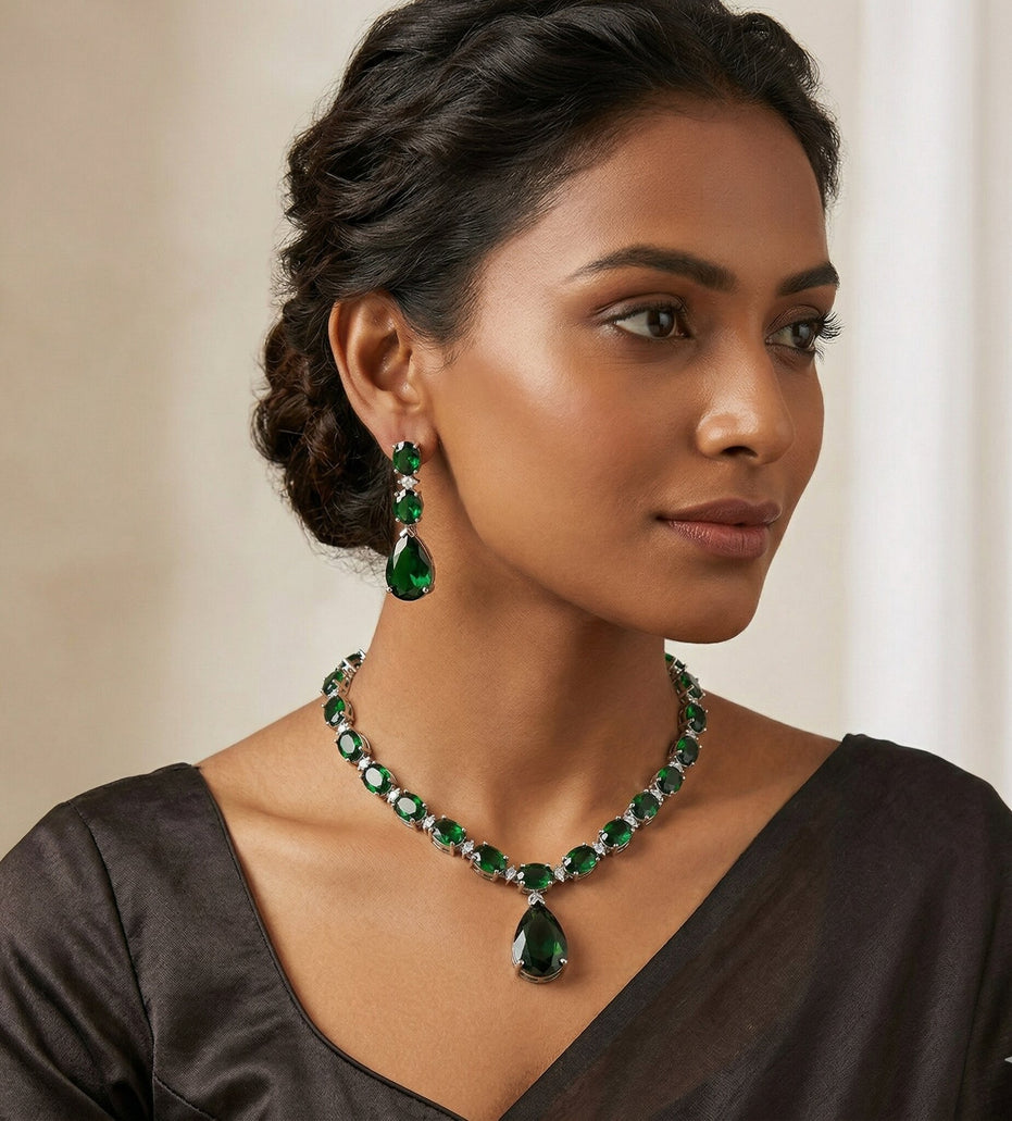 Rhodium Plated Emerald Green American Diamond Necklace Set with Teardrop Pendant & Matching Earrings