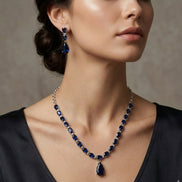 Rhodium Plated Emerald Green American Diamond Necklace Set with Teardrop Pendant & Matching Earrings