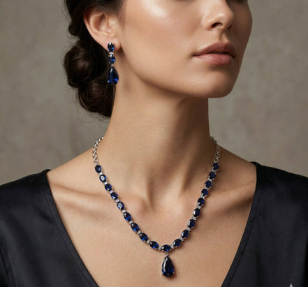 Rhodium Plated Emerald Green American Diamond Necklace Set with Teardrop Pendant & Matching Earrings