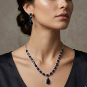 Rhodium Plated Emerald Green American Diamond Necklace Set with Teardrop Pendant & Matching Earrings