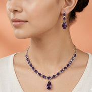 Rhodium Plated Emerald Green American Diamond Necklace Set with Teardrop Pendant & Matching Earrings