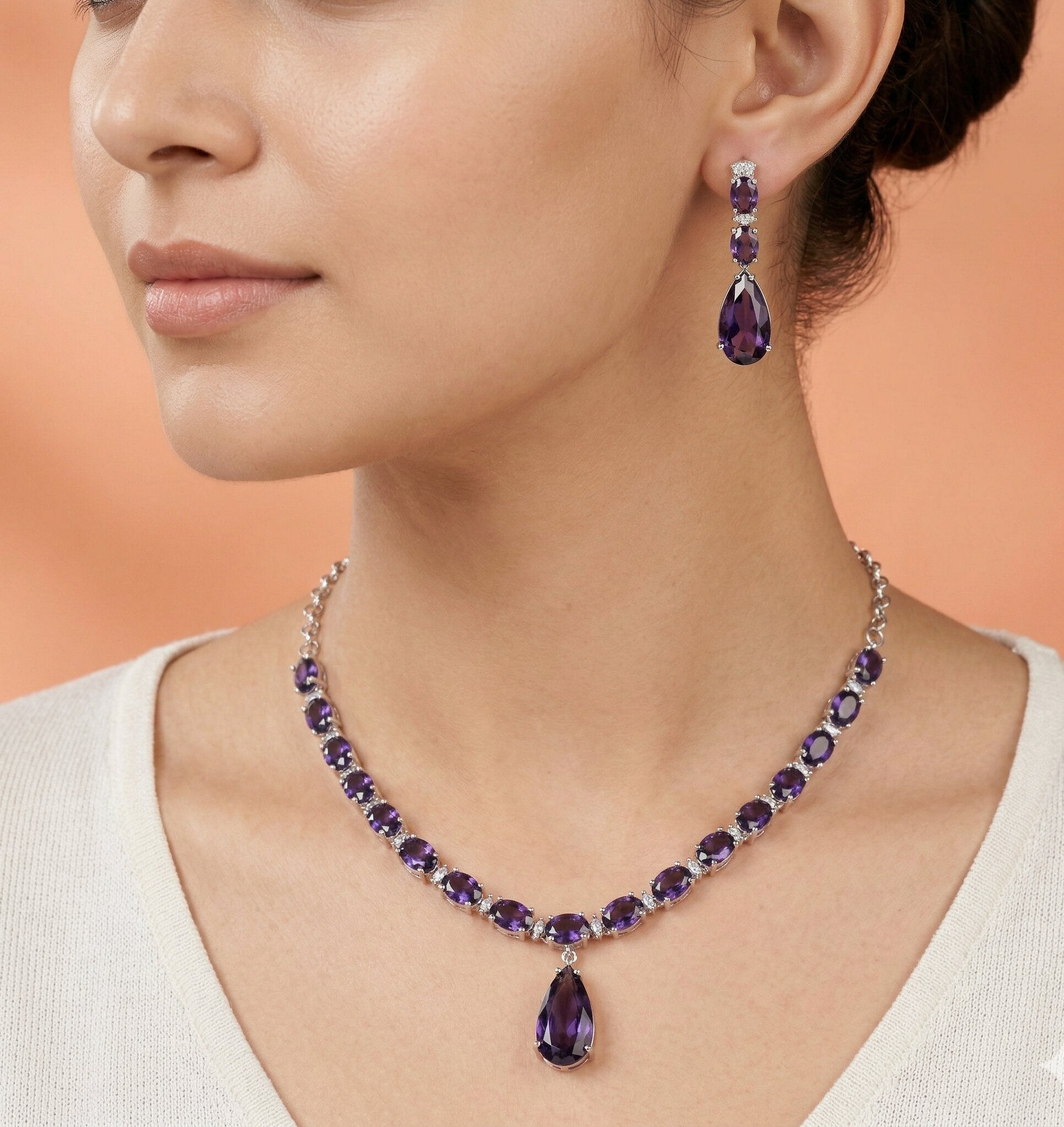 Rhodium Plated Emerald Green American Diamond Necklace Set with Teardrop Pendant & Matching Earrings