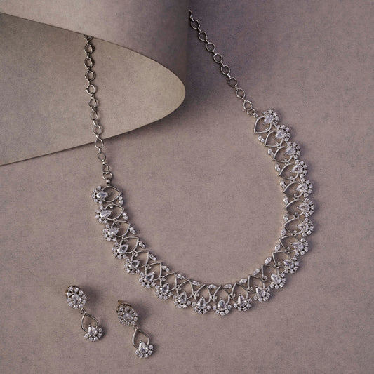 Elegant Emarald Floret Rhodium Plated Necklace Set
