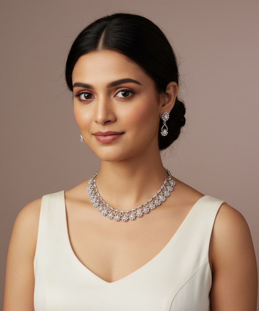 Elegant Emarald Floret Rhodium Plated Necklace Set