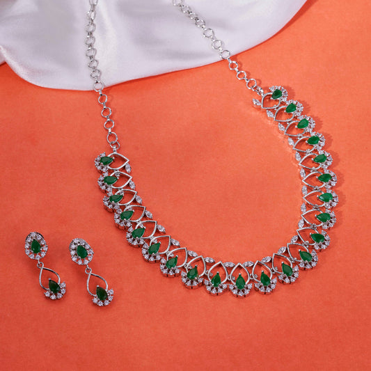 Elegant Emarald Floret Rhodium Plated Necklace Set