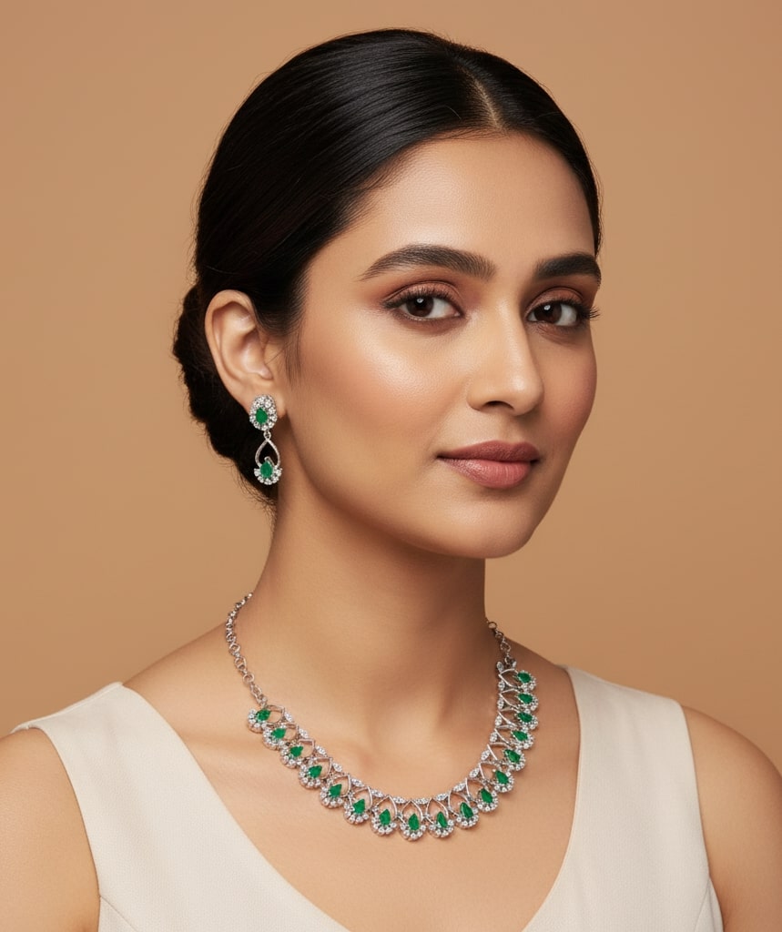 Elegant Emarald Floret Rhodium Plated Necklace Set