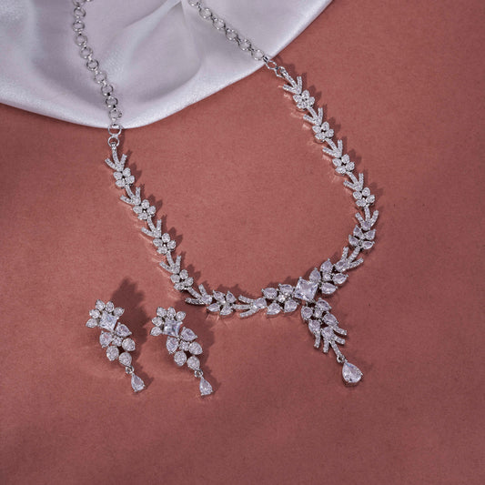 Floral Gloret Rhodium Plated Necklace Set