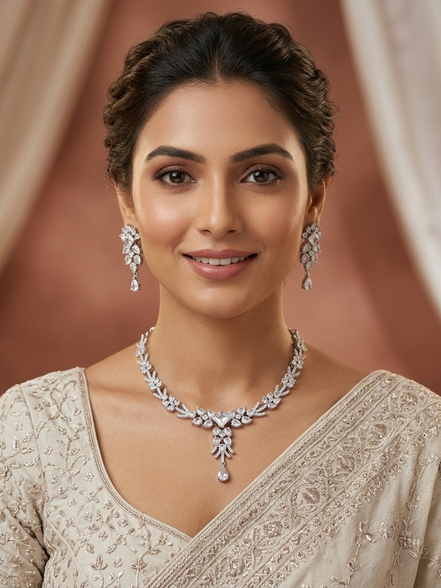 Floral Gloret Rhodium Plated Necklace Set