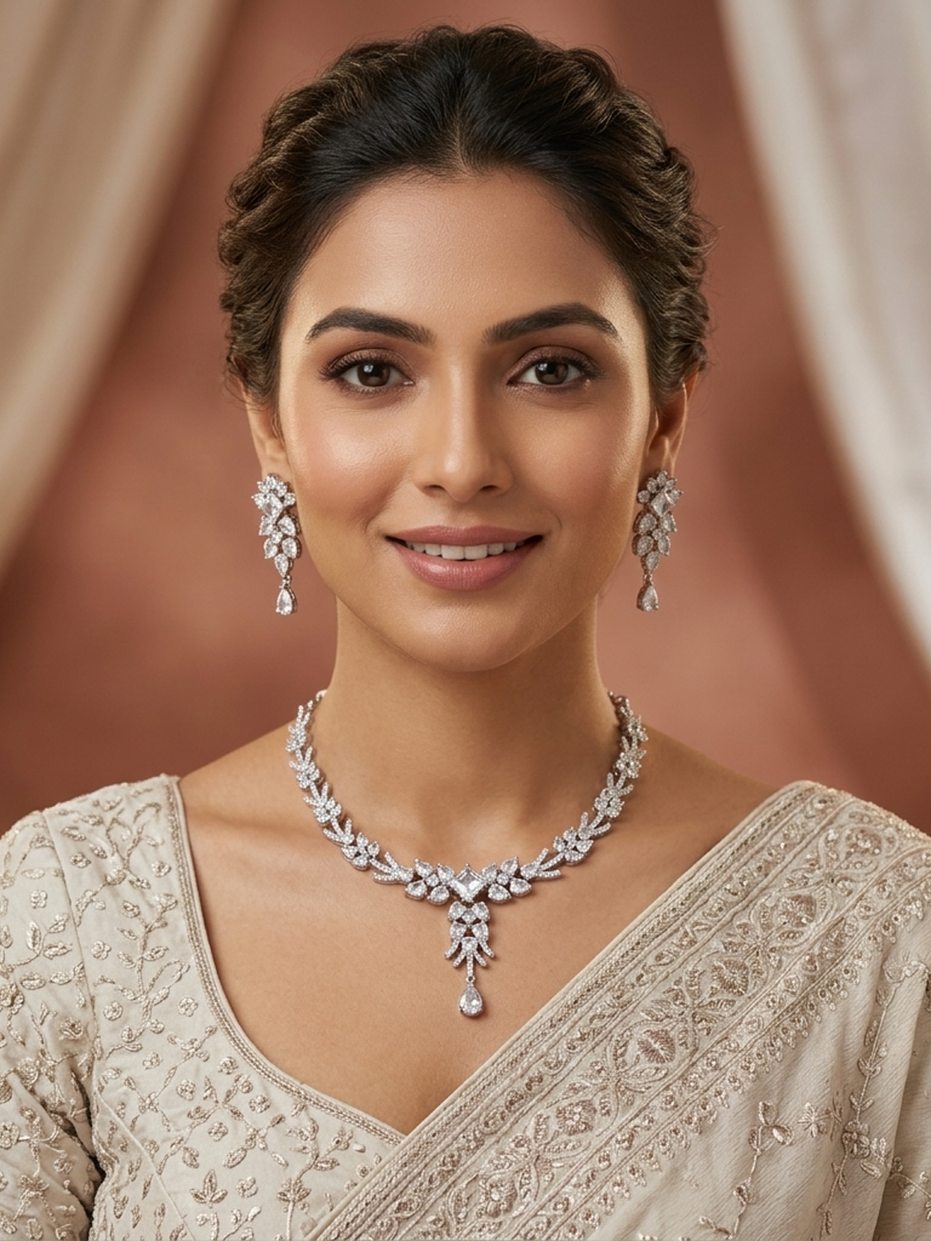 Rhodium Plated Floral Leaf Stone Necklace Set