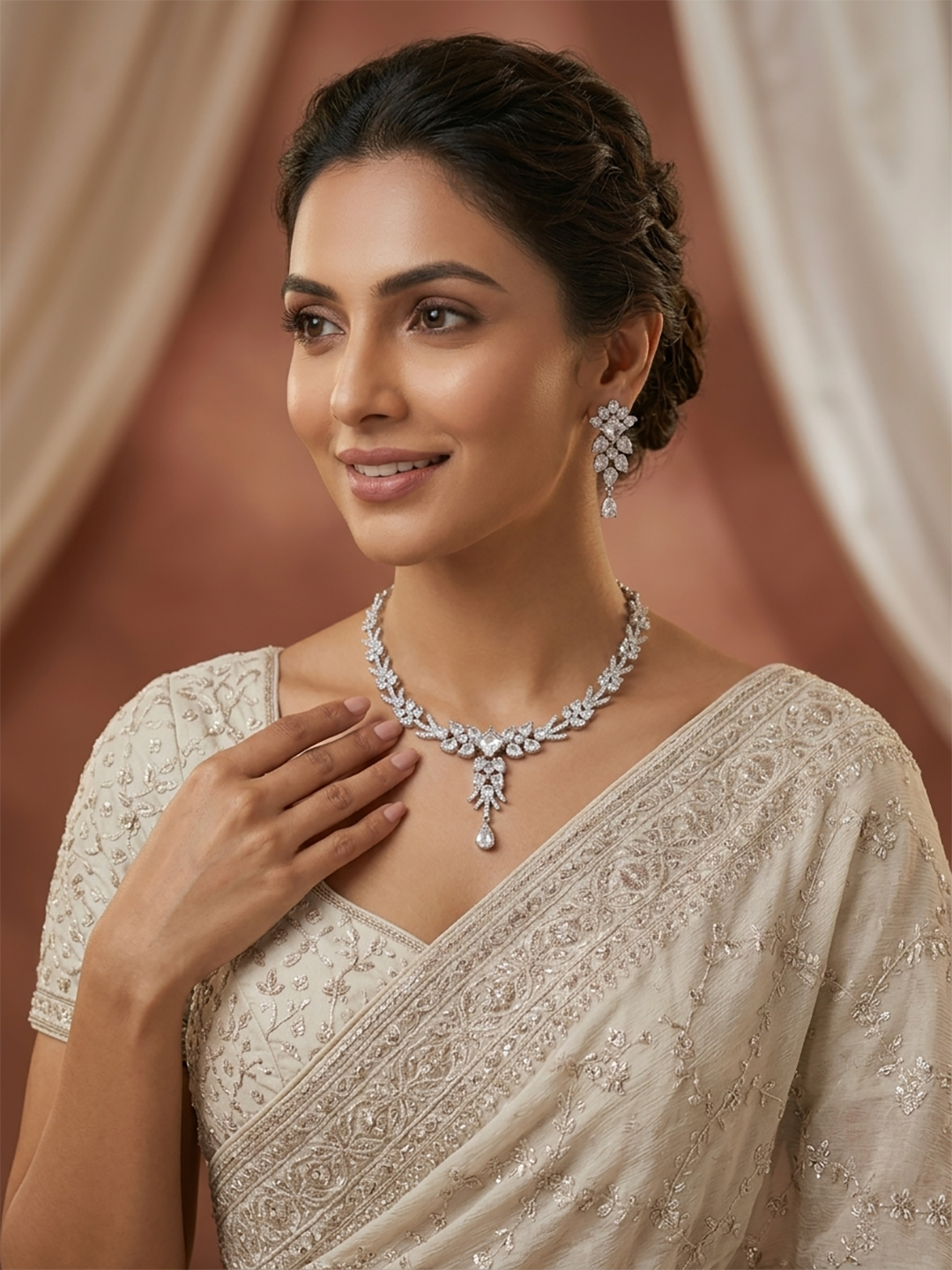 Floral Gloret Rhodium Plated Necklace Set