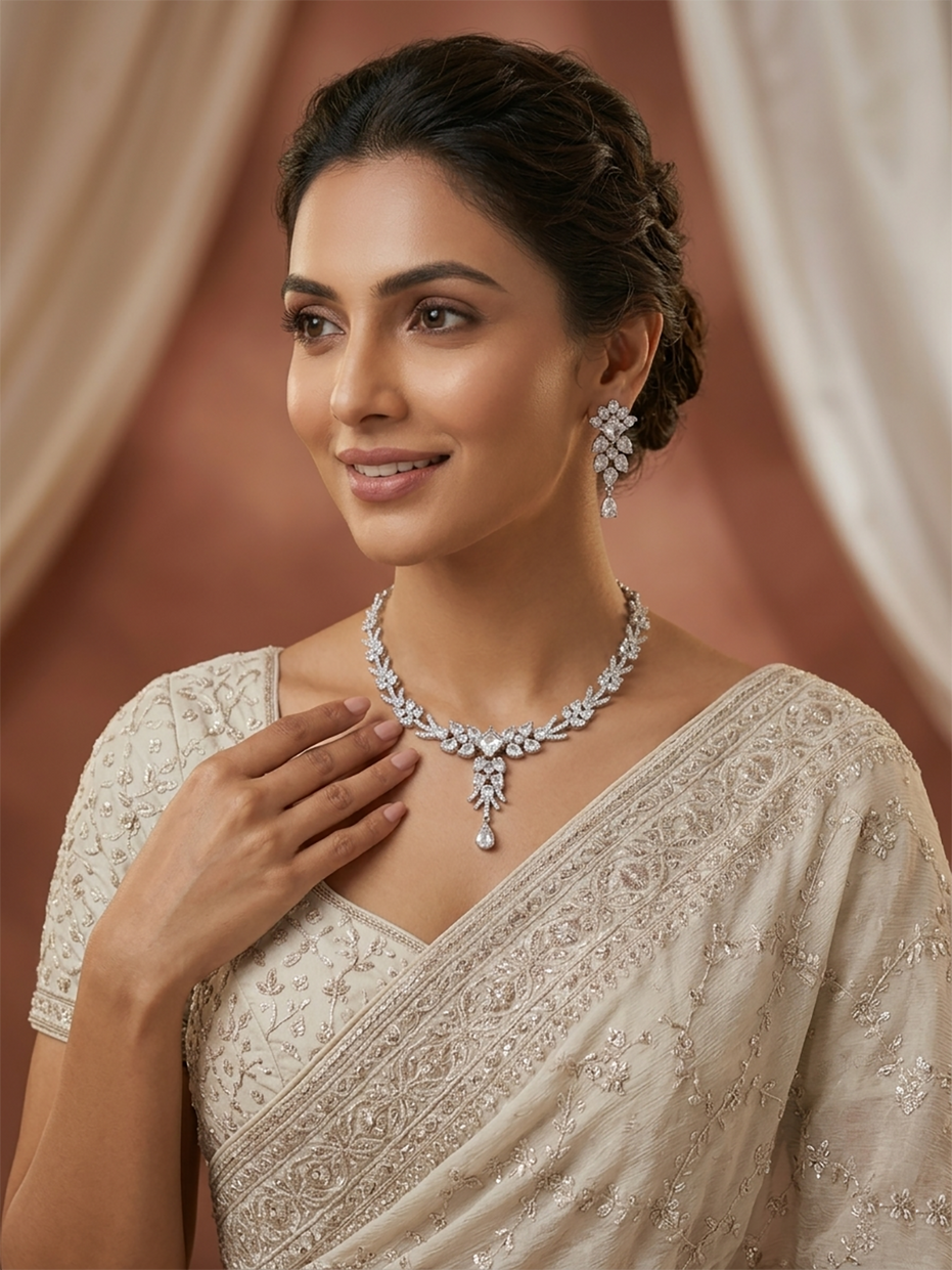 Rhodium Plated Floral Leaf Stone Necklace Set