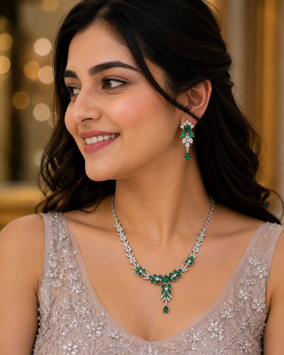 Rhodium Plated Floral Leaf Stone Necklace Set
