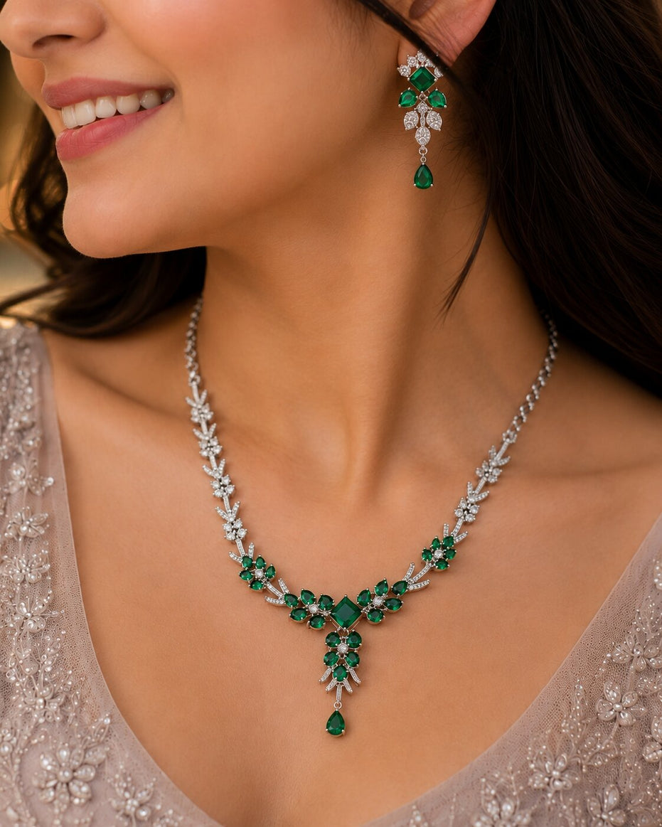 Rhodium Plated Floral Leaf Stone Necklace Set