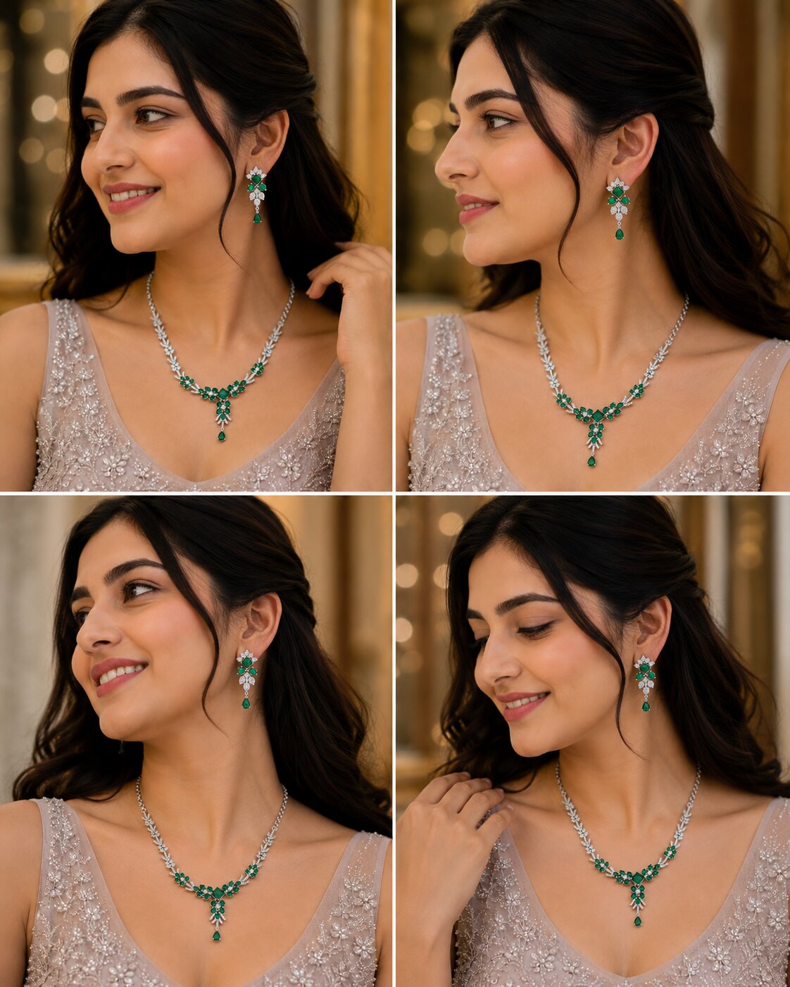 Rhodium Plated Floral Leaf Stone Necklace Set