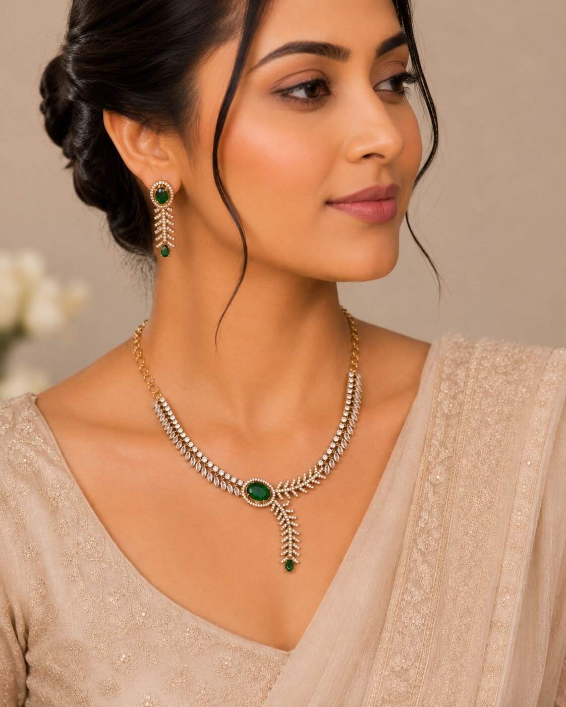 Gold Plated Leaf Vine Design American Diamond Necklace Set