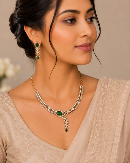 Gold Plated Leaf Vine Design American Diamond Necklace Set