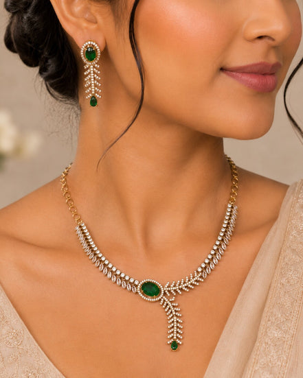 Gold Plated Leaf Vine Design American Diamond Necklace Set