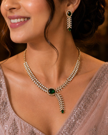Gold Plated Leaf Vine Design American Diamond Necklace Set