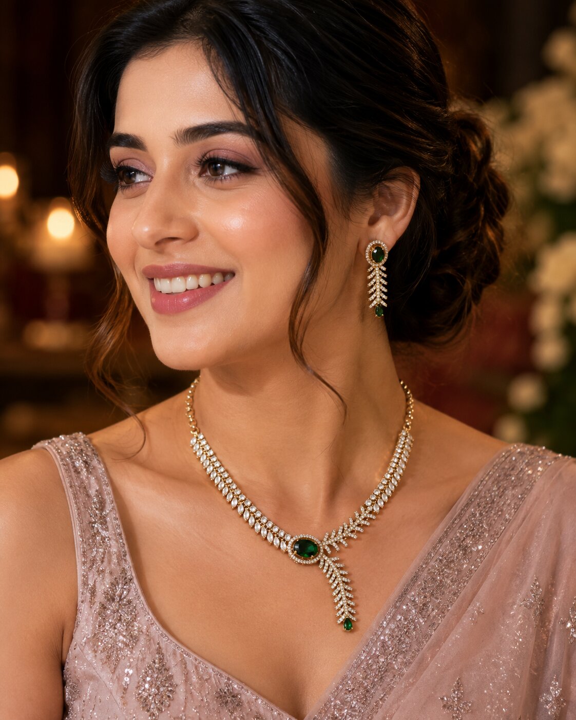 Gold Plated Leaf Vine Design American Diamond Necklace Set