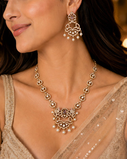 Mehendi Plated Floral Paisley & Teardrop Pattern with Pearl Drops Necklace Set