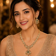 Circular Floral & Ornamental Pattern and Cascading Pearl Drops Necklace Set