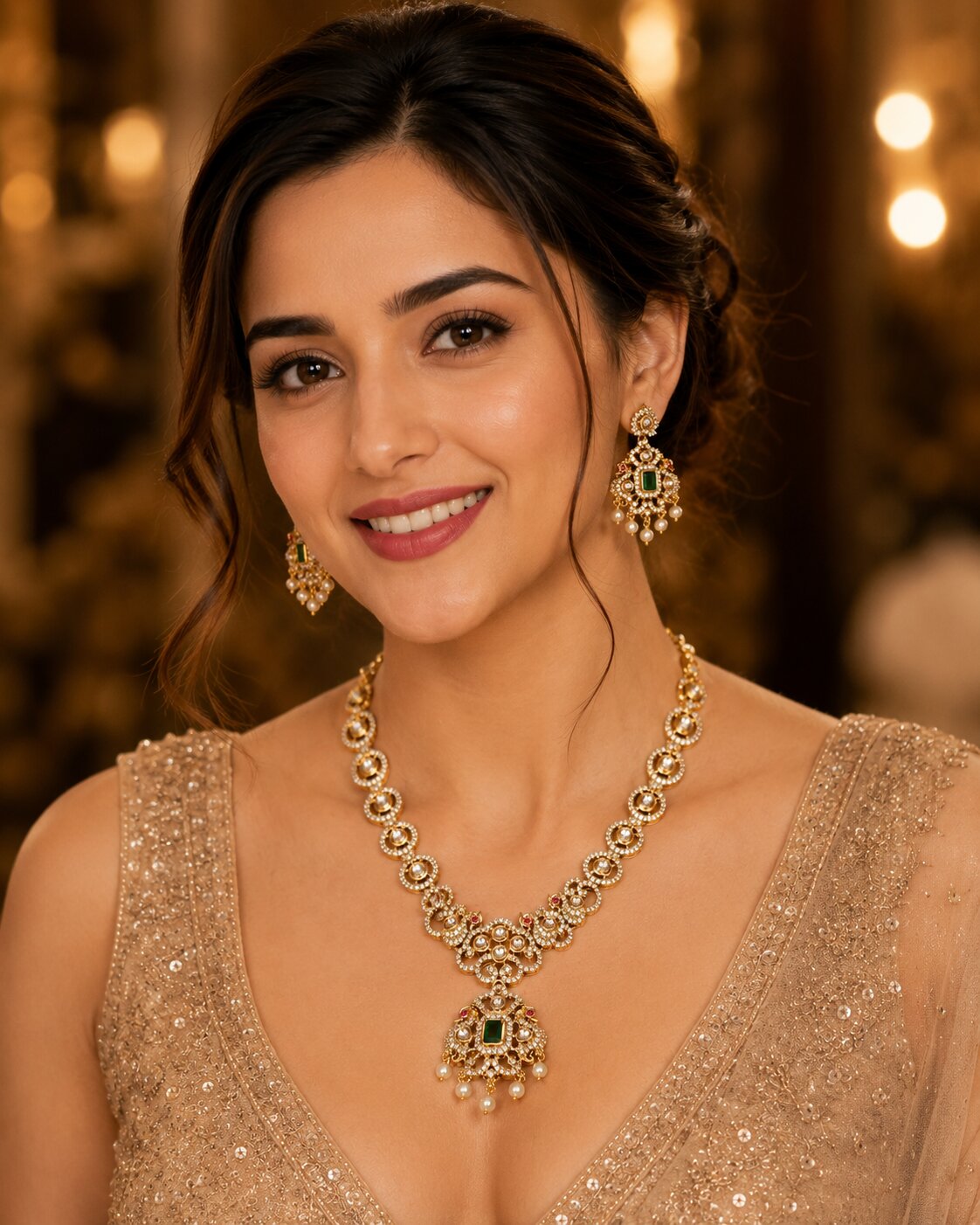 Circular Floral & Ornamental Pattern and Cascading Pearl Drops Necklace Set