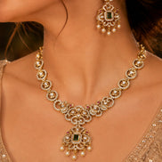 Circular Floral & Ornamental Pattern and Cascading Pearl Drops Necklace Set