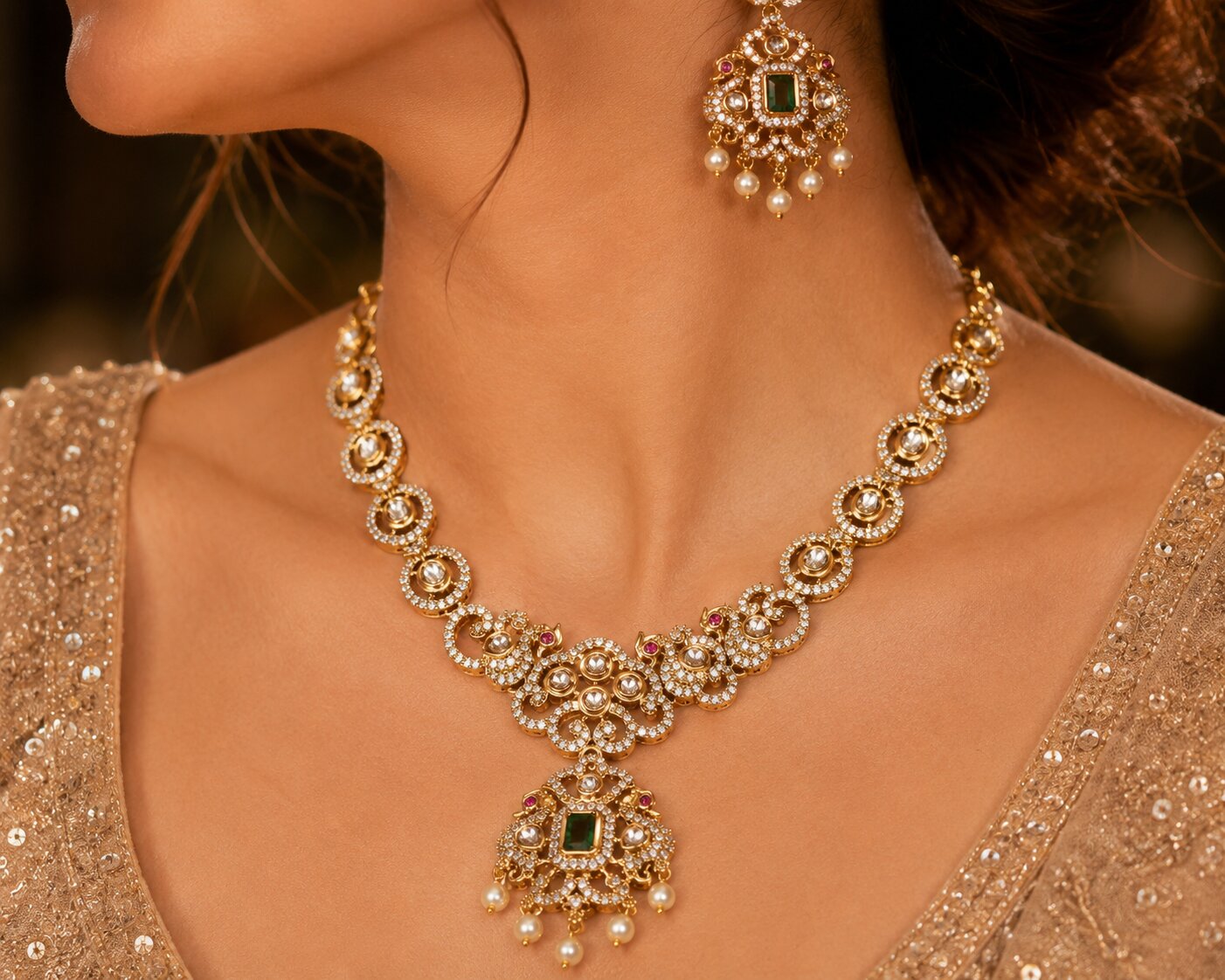 Circular Floral & Ornamental Pattern and Cascading Pearl Drops Necklace Set