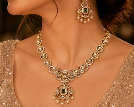 Circular Floral & Ornamental Pattern and Cascading Pearl Drops Necklace Set