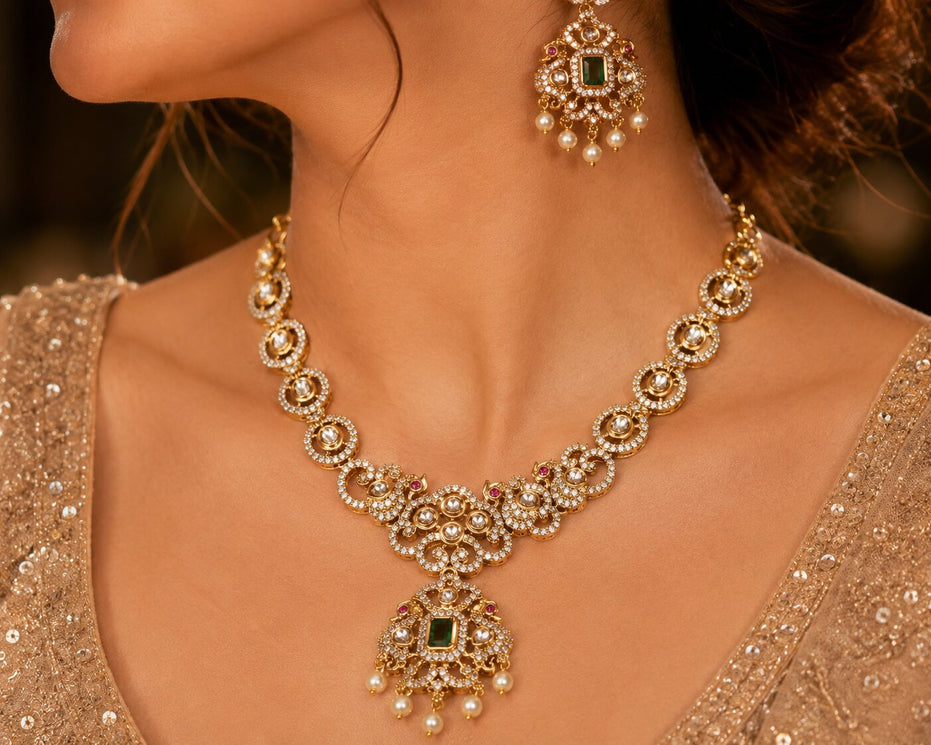 Circular Floral & Ornamental Pattern and Cascading Pearl Drops Necklace Set