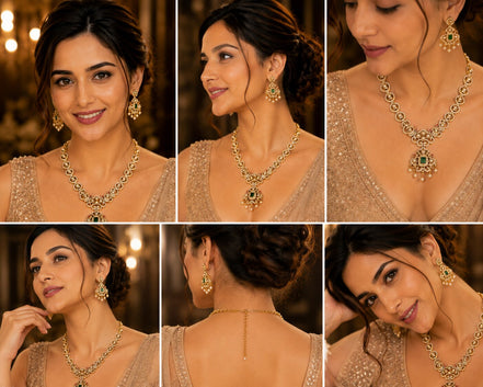 Circular Floral & Ornamental Pattern and Cascading Pearl Drops Necklace Set