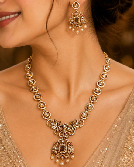 Circular Floral & Ornamental Pattern and Cascading Pearl Drops Necklace Set