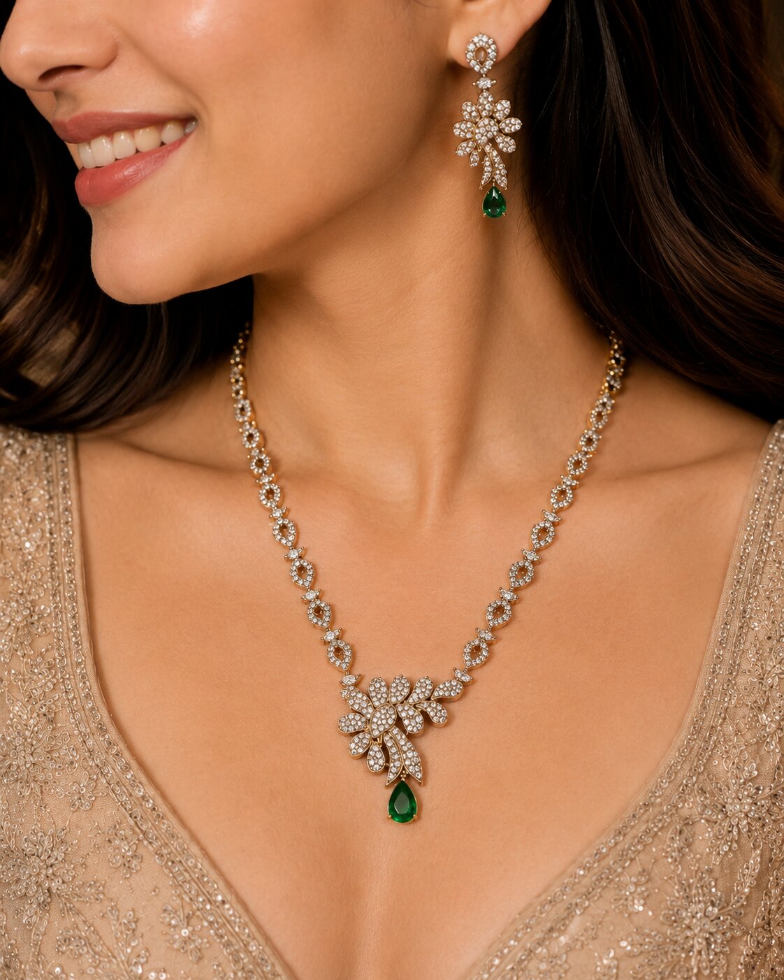 Mehendi Plated American Diamond Floral Necklace Set
