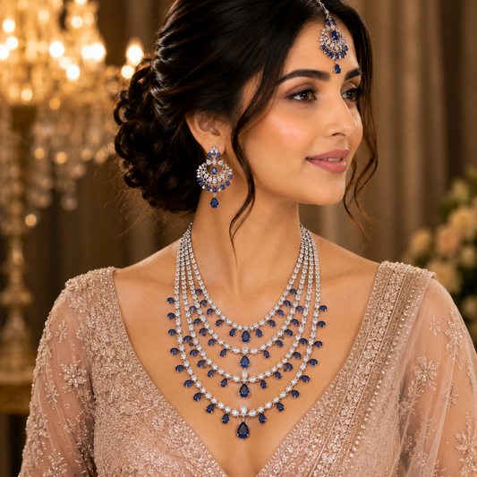 Rhodium Plated Bridal Celestial Cascade Necklace with Maang Tikka