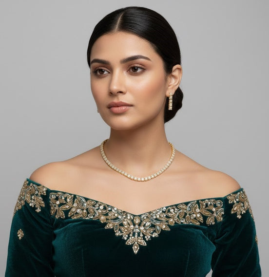 Gold Plated Necklace Earrings Set  ‘Square Luxe’ Designer Jewelry with Stone Work