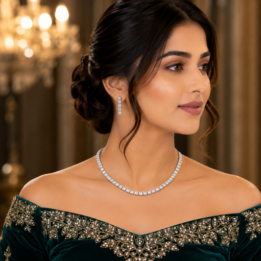 Rhodium Plated Necklace Earrings Set  ‘Square Luxe’ Designer Jewelry with Stone Work