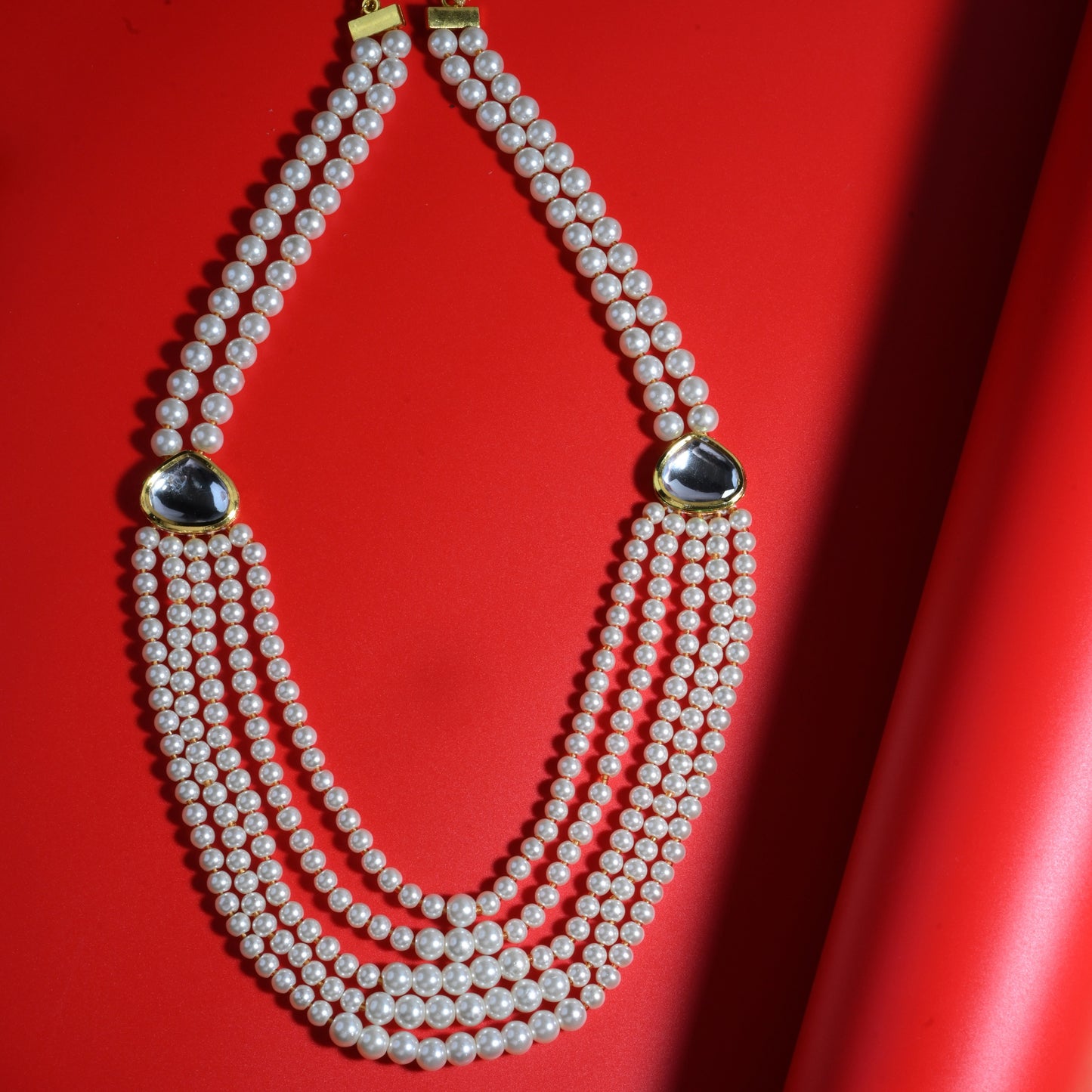 Gold Plated Layered Multi Strand Pearl Necklace with Gemstone Accents
