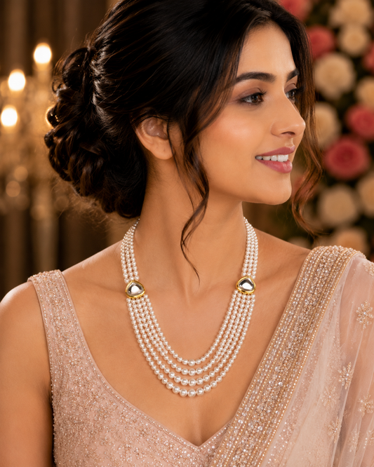Gold Plated Layered Multi Strand Pearl Necklace with Gemstone Accents