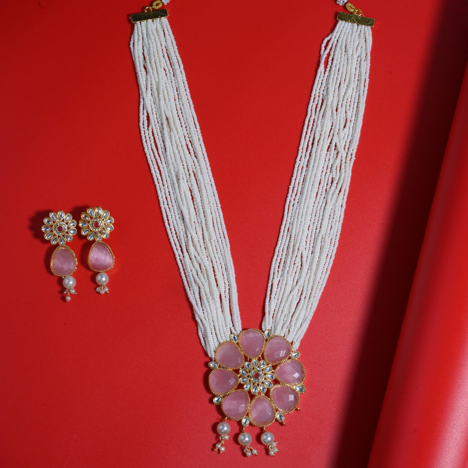 Gold Plated Floral Pink Stone Beaded Necklace Set with Earrings