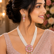 Gold Plated Floral Pink Stone Beaded Necklace Set with Earrings