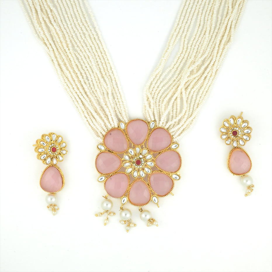 Gold Plated Floral Pink Stone Beaded Necklace Set with Earrings
