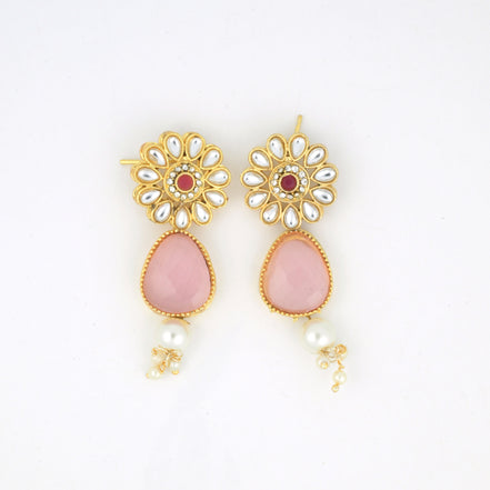 Gold Plated Floral Pink Stone Beaded Necklace Set with Earrings