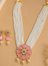 Gold Plated Floral Pink Stone Beaded Necklace Set with Earrings