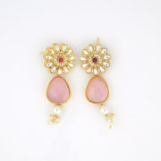 Gold Plated Floral Pink Stone Beaded Necklace Set with Earrings