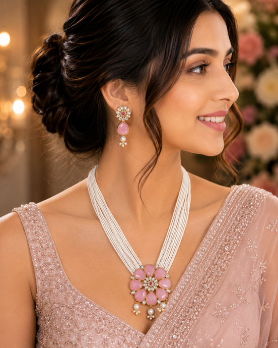 Gold Plated Floral Pink Stone Beaded Necklace Set with Earrings