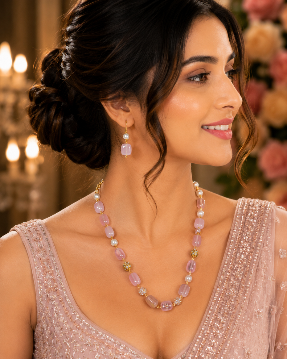 Traditional Pearl & Beaded Gold Plated Necklace with Matching Earrings