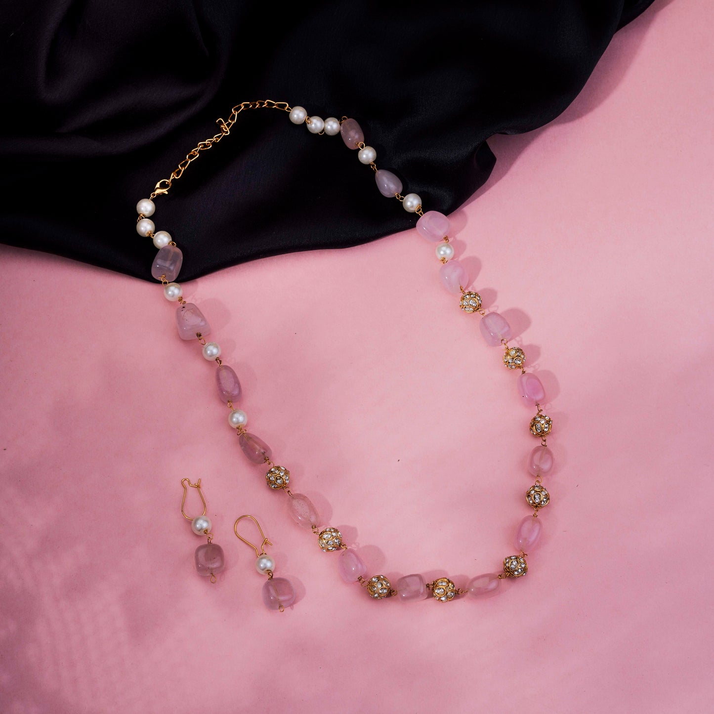 Traditional Pearl & Beaded Gold Plated Necklace with Matching Earrings