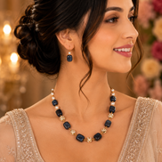 Traditional Pearl & Beaded Gold Plated Necklace with Matching Earrings