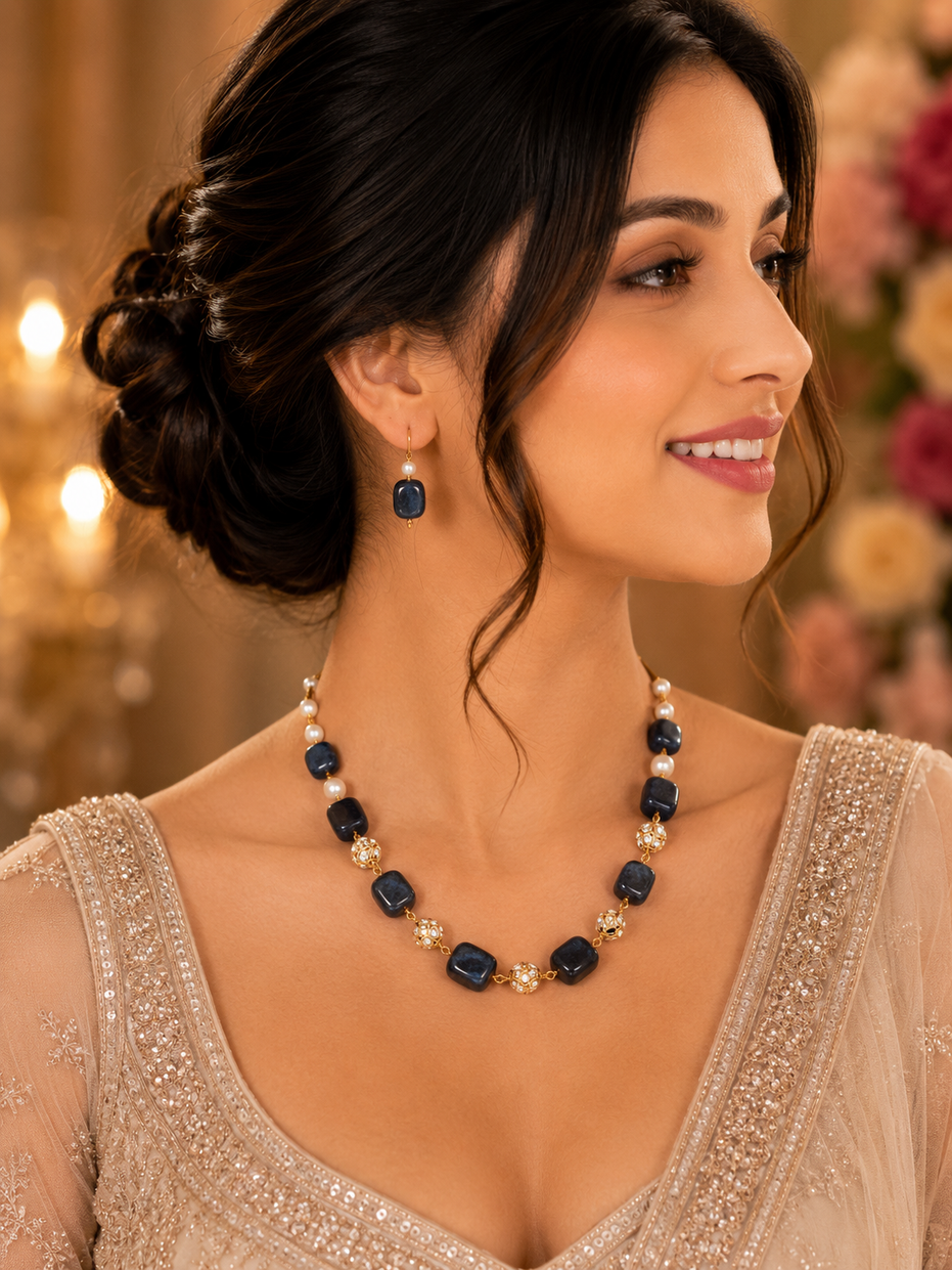 Traditional Pearl & Beaded Gold Plated Necklace with Matching Earrings